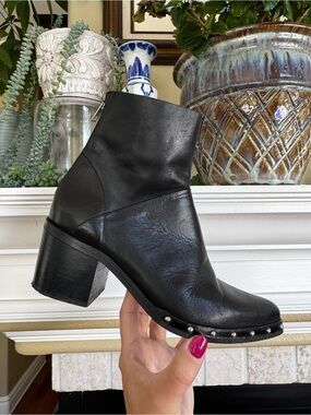 Jonak Black Leather Studded Pointed Toe Heeled Ankle Booties Size 6.5